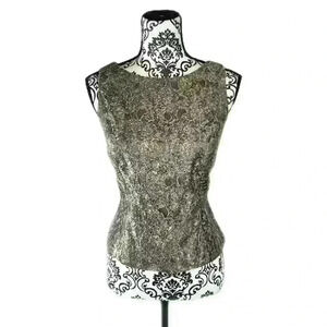 Crimson By Lawrence Kurt Gold Floral Leaf Lace Gray Boat Neck Top, 12/L